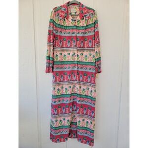Vintage 70s Hostess Dress Floral Maxi Shirt Size 16 BOHO Festival Fall Pink Blue